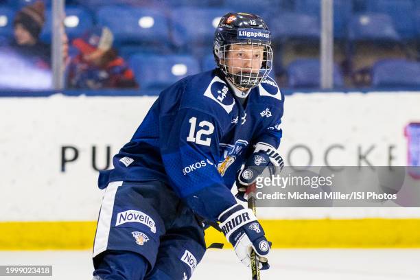 Aatos Koivu of Team Finland skates with the puck during U18 Five Nations Tournament between Team Finland and Team USA at USA Hockey Arena on February...