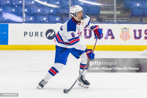 Emery of Team USA passes the puck during U18 Five Nations Tournament between Team Switzerland and Team USA at USA Hockey Arena on February 6, 2024 in...