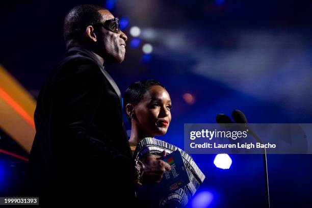 Deion Sanders and Janelle Monáe announce the Cleveland Browns' Myles Garrett as Defensive Player of the Year during the 13th Annual NFL Honors at...