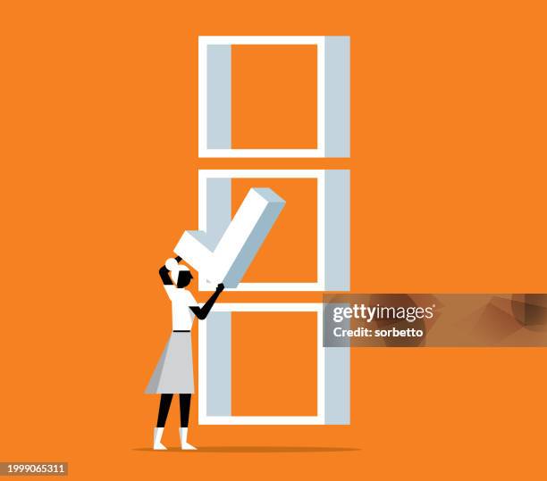 businesswoman checking the list - poll question stock illustrations