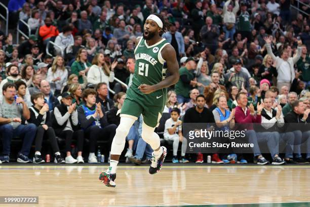 Patrick Beverley of the Milwaukee Bucks reacts to a three point shot during the first half of a game against the Charlotte Hornets at Fiserv Forum on...