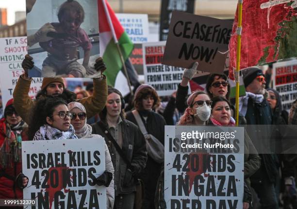Members of the Palestinian diaspora, supported by local activists, take part in a pro-Palestinian emergency rally 'Hands Off Rafah' at Violet King...