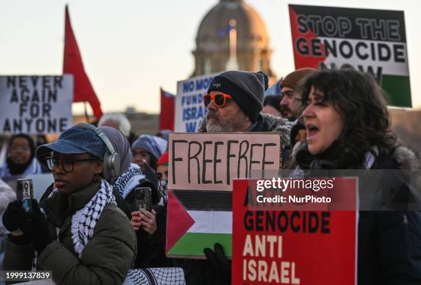 Members of the Palestinian diaspora, supported by local activists, take part in a pro-Palestinian emergency rally 'Hands Off Rafah' at Violet King...
