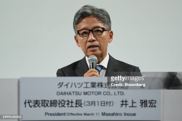 Masahiro Inoue, incoming chief executive officer of Daihatsu Motor Co., speaks during a news conference in Tokyo, Japan, on Tuesday, Feb. 13, 2024....