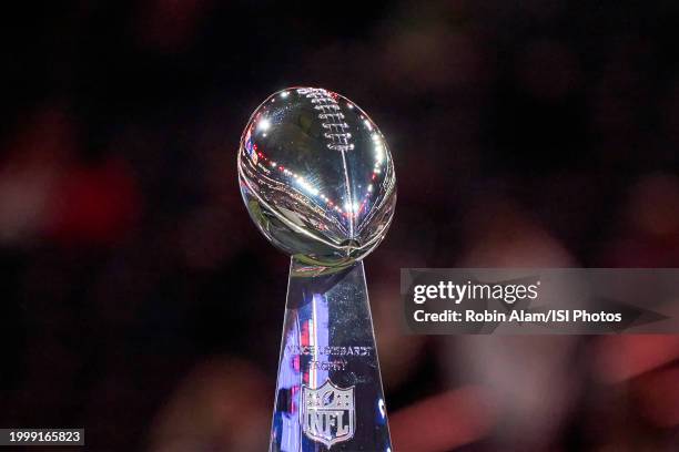 Detail view of the Vince Lombardi Trophy is seen during Super Bowl LVIII Opening Night at Allegiant Stadium ahead of Super Bowl LVIII on February 5,...