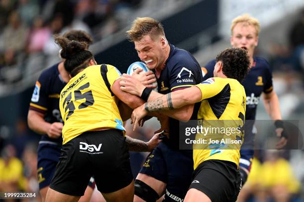Fabian Holland of the Highlanders cfduring the Super Rugby Pacific Pre-Season match between Highlanders and Hurricanes at Forsyth Barr Stadium on...