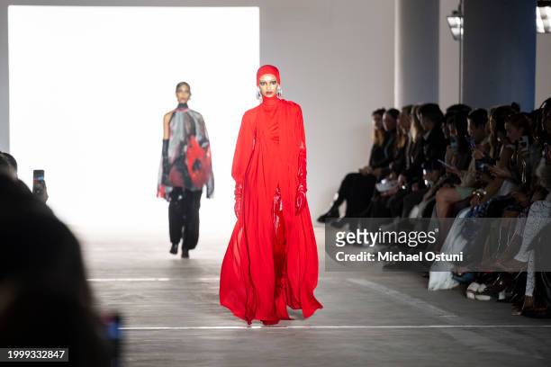 Models walk the runway in the Prabal Gurung F/W 2024 Fashion Show at Starrett-Lehigh Building on February 09, 2024 in New York City.