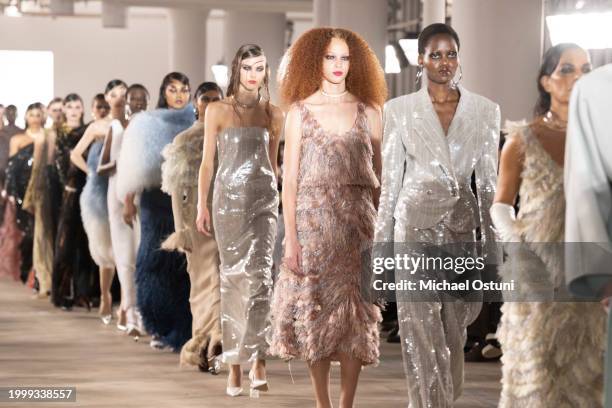 Models walk the runway in the Prabal Gurung F/W 2024 Fashion Show at Starrett-Lehigh Building on February 09, 2024 in New York City.