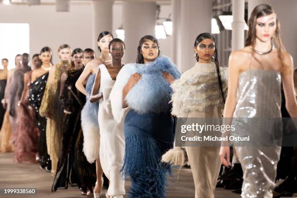 Models walk the runway in the Prabal Gurung F/W 2024 Fashion Show at Starrett-Lehigh Building on February 09, 2024 in New York City.