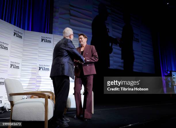 Leonard Maltin and Robert Downey Jr. Speak onstage at the Maltin Modern Master Award during the 39th Annual Santa Barbara International Film Festival...