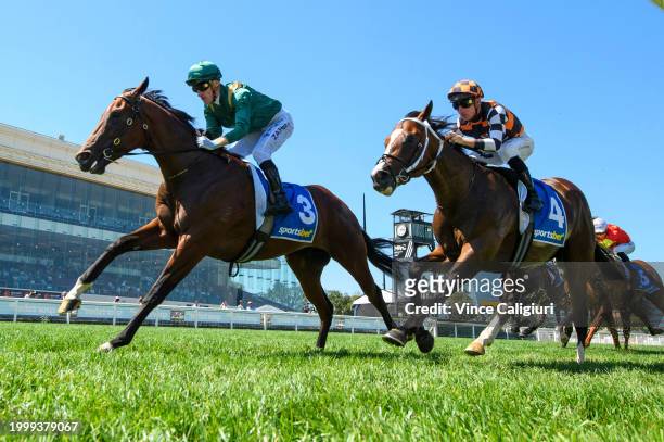Mark Zahra riding Bodyguard defeats Daniel Stackhouse riding Stay Focused in Race 6, the Sportsbet Blue Diamond Prelude C&g, during Melbourne Racing...