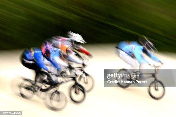 Mateo Carmona Garcia of Columbia, Ynze Oegema of Netherlands, Michael Bias of New Zealand and Ruben Gommers of Belgium competeduring the 2024 UCI BMX...