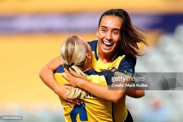 Peta Trimis of Central Coast celebrates scoring a goal during the A-League Women round 16 match between Central Coast Mariners and Melbourne Victory...