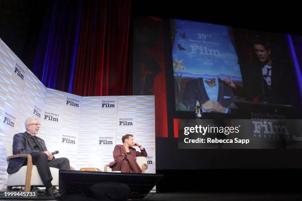 Leonard Maltin and honoree Robert Downey Jr. Speak onstage at the Maltin Modern Master Award ceremony during the 39th Annual Santa Barbara...