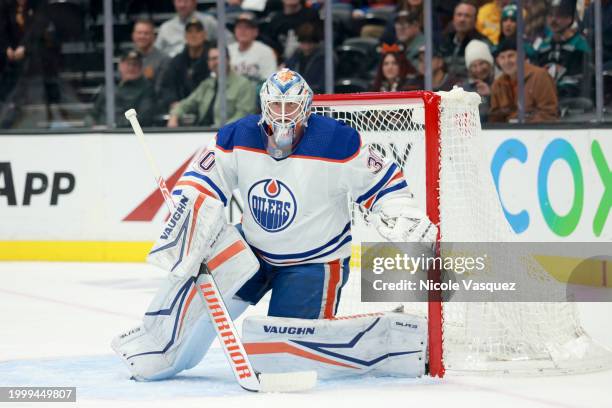 Calvin Pickard of the Edmonton Oilers defends the net in the first period during the game against the Anaheim Ducks at Honda Center on February 09,...