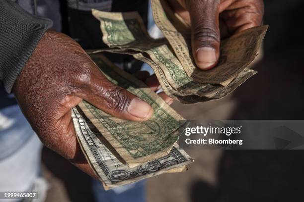 An informal foreign currency exchange trader counts US one dollar banknotes in the central business district of Harare, Zimbabwe, on Monday, Feb. 12,...