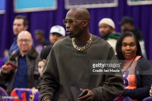 Former NFL wide receiver Chad Johnson looks on during a celebrity flag football game at the Mandalay Bay Convention Center on February 09, 2024 in...
