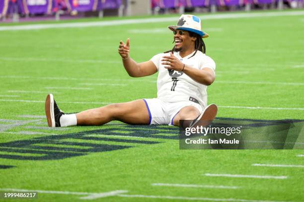 Former NFL quarterback Cam Newton reacts after a play during a celebrity flag football game at the Mandalay Bay Convention Center on February 09,...