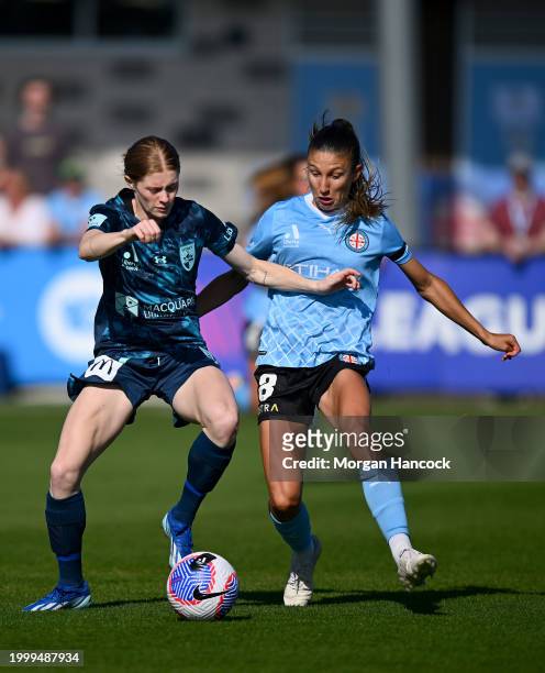 Cortnee Vine of Sydney FC and Leah Davidson of Melbourne City compete for the ball during the A-League Women round 16 match between Melbourne City...