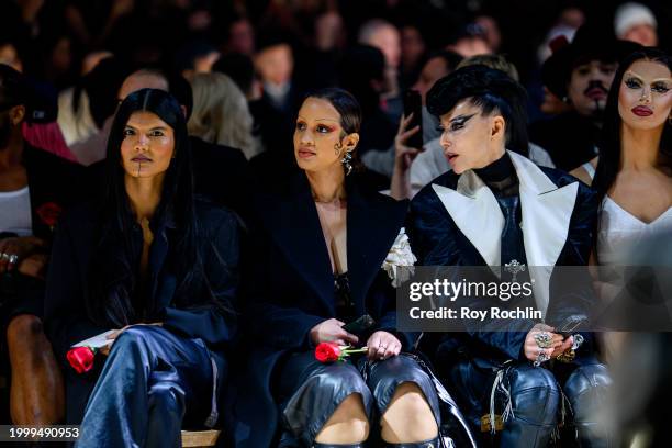 Zaya Guarani, Dascha Polanco and Susanne Bartsch attend the Willy Chavarria fashion show at 67 West in Brooklyn on February 09, 2024 in New York City.