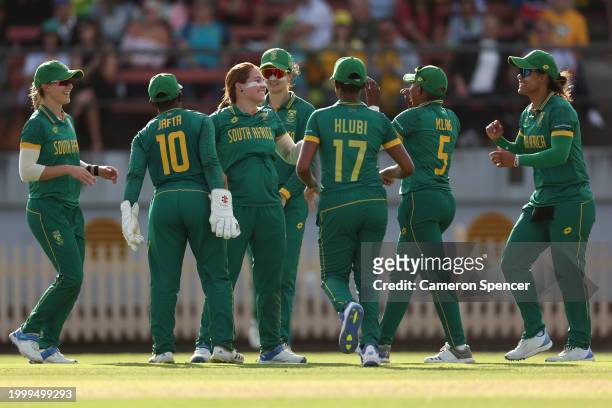 Nadine de Klerk of South Africa celebrates catching Georgia Wareham of Australia off her own delivery during game three of the women's One Day...