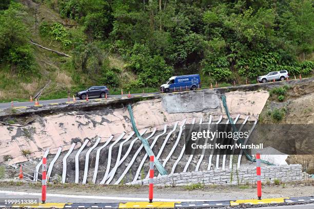 Repair work at the site of the washed out SH2 Devils Elbow culvert on February 10, 2024 in Napier, New Zealand. Cyclone Gabrielle, which hit Hawke's...