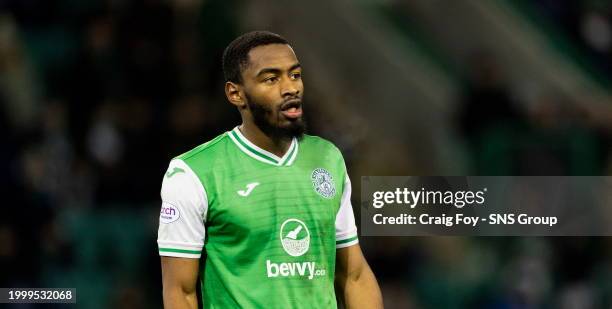 Myziane Maolida in action for Hibernian during a cinch Premiership match between Hibernian and Celtic at Easter Road Stadium, on February 07 in...