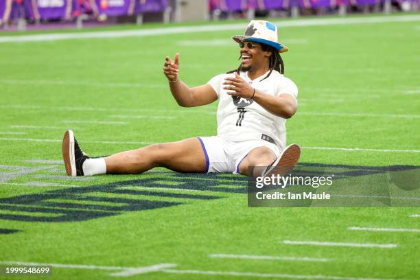 Former NFL quarterback Cam Newton reacts after a play during a celebrity flag football game at the Mandalay Bay Convention Center on February 09,...