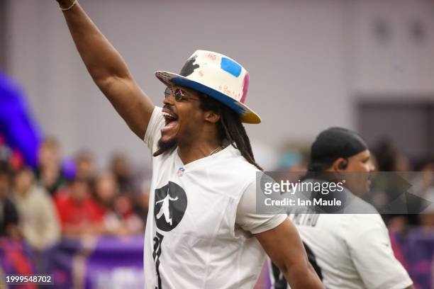 Former NFL quarterback Cam Newton celebrates during a celebrity flag football game at the Mandalay Bay Convention Center on February 09, 2024 in Las...