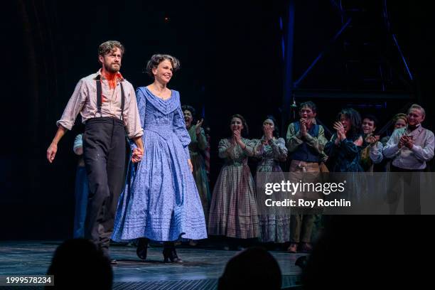 Aaron Tveit and Sutton Foster take a bow as they join "Sweeney Todd" at Lunt-Fontanne Theatre on February 09, 2024 in New York City.