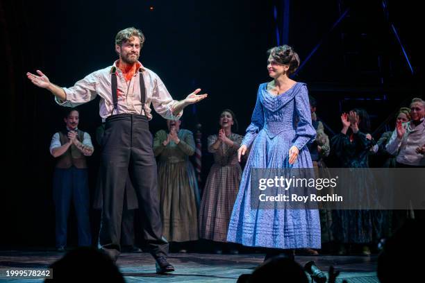 Aaron Tveit and Sutton Foster take a bow as they join "Sweeney Todd" at Lunt-Fontanne Theatre on February 09, 2024 in New York City.