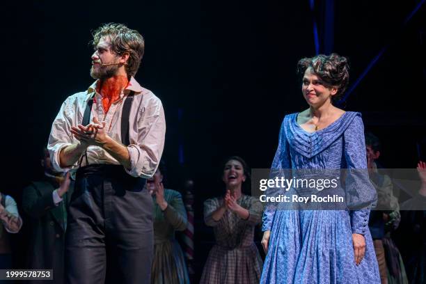 Aaron Tveit and Sutton Foster take a bow as they join "Sweeney Todd" at Lunt-Fontanne Theatre on February 09, 2024 in New York City.