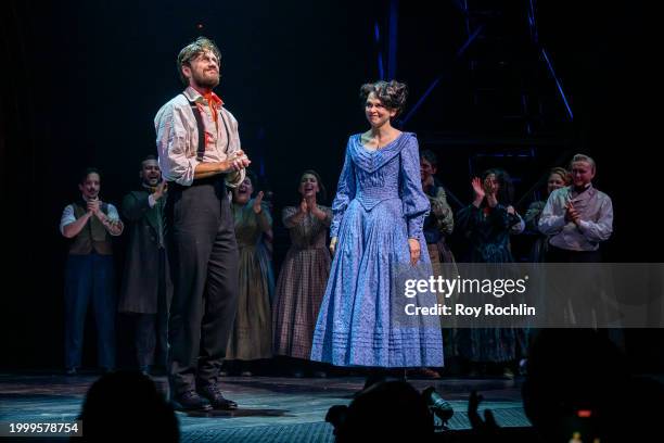 Aaron Tveit and Sutton Foster take a bow as they join "Sweeney Todd" at Lunt-Fontanne Theatre on February 09, 2024 in New York City.