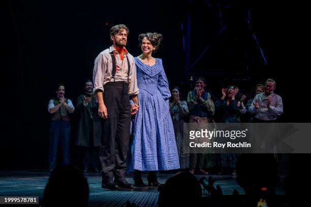 Aaron Tveit and Sutton Foster take a bow as they join "Sweeney Todd" at Lunt-Fontanne Theatre on February 09, 2024 in New York City.