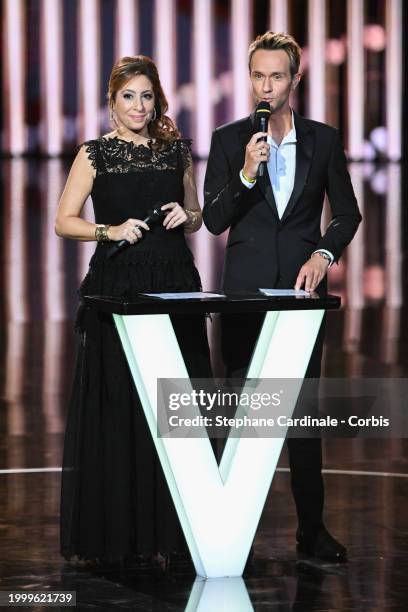 Hosts Lea Salame and Cyril Feraud attend the 39th "Les Victoires De La Musique" Award Ceremony on February 09, 2024 in Paris, France.