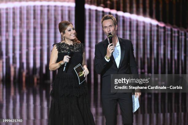 Hosts Lea Salame and Cyril Feraud attend the 39th "Les Victoires De La Musique" Award Ceremony on February 09, 2024 in Paris, France.