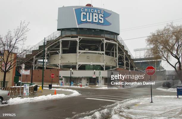 General view of the exterior of Wrigley Field where the opening day game between the Chicago Cubs and the Montreal Expos was postponed due to bad...