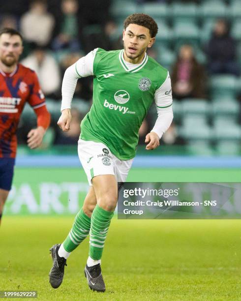 Hibs' Luke Amos in action during a cinch Premiership match between Hibernian and Celtic at Easter Road Stadium, on February 07 in Edinbugrh, Scotland.