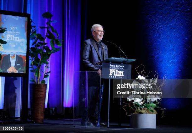 Leonard Maltin speaks onstage at the Maltin Modern Master Award during the 39th Annual Santa Barbara International Film Festival on February 09, 2024...