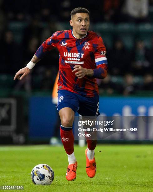 Rangers' James Tavernier in action during a cinch Premiership match between Hibernian and Celtic at Easter Road Stadium, on February 07 in Edinbugrh,...