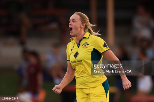 Kim Garth of Australia celebrates the wicket of Anneke Bosch of South Africa during game three of the women's One Day International series between...