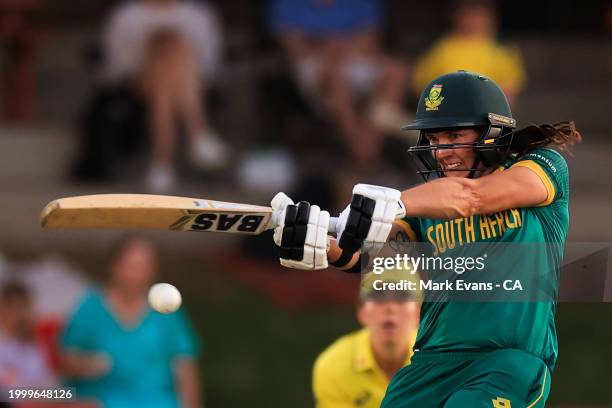 Tazmin Brits of South Africa hits a four during game three of the women's One Day International series between Australia and South Africa at North...