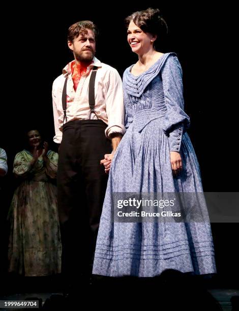 Aaron Tveit as "Sweeney Todd" and Sutton Foster as "Mrs. Lovett" during their first curtain call in "Sweeney Todd" on Broadway at The Lunt-Fontanne...