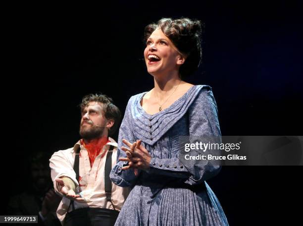 Aaron Tveit as "Sweeney Todd" and Sutton Foster as "Mrs. Lovett" during their first curtain call in "Sweeney Todd" on Broadway at The Lunt-Fontanne...