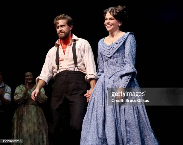 Aaron Tveit as "Sweeney Todd" and Sutton Foster as "Mrs. Lovett" during their first curtain call for "Sweeney Todd" on Broadway at The Lunt-Fontanne...
