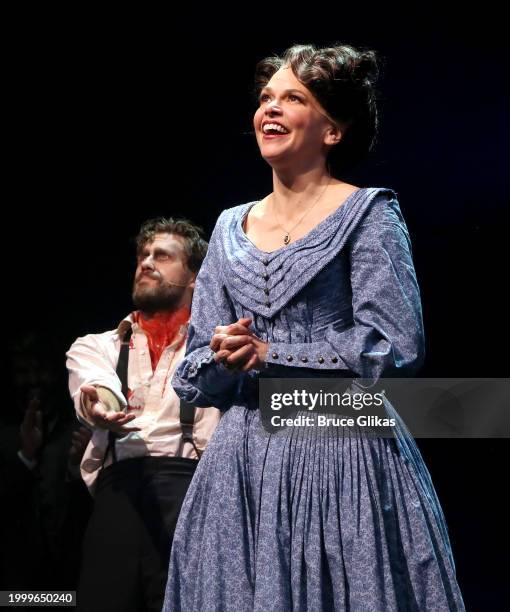 Aaron Tveit as "Sweeney Todd" and Sutton Foster as "Mrs. Lovett" during their first curtain call in "Sweeney Todd" on Broadway at The Lunt-Fontanne...