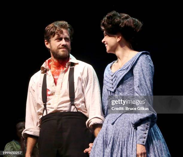 Aaron Tveit as "Sweeney Todd" and Sutton Foster as "Mrs. Lovett" during their first curtain call for "Sweeney Todd" on Broadway at The Lunt-Fontanne...