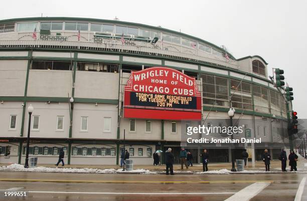 General view of the exterior of Wrigley Field where the opening day game between the Chicago Cubs and the Montreal Expos was postponed due to bad...