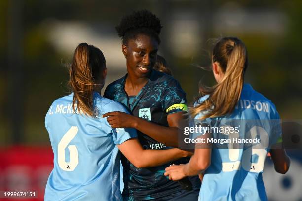 Leticia McKenna of Melbourne City and Princess Ibini of Sydney FC shake hands on the final whistle of the A-League Women round 16 match between...