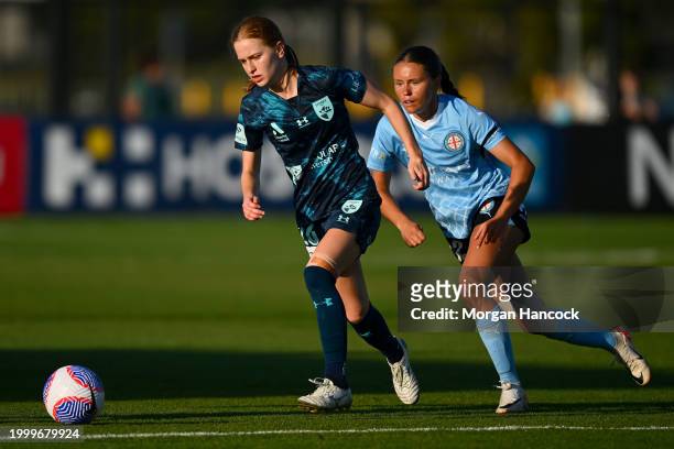 Madeleine Caspers of Sydney FC moves the ball during the A-League Women round 16 match between Melbourne City and Sydney FC at City Football Academy,...